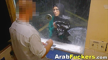 Arab girl with glasses and hijab pays for hotel with wet holes