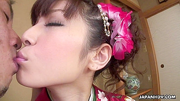 Oriental geisha Yuria Tominaga in beautiful kimono gets her hairy twat licked