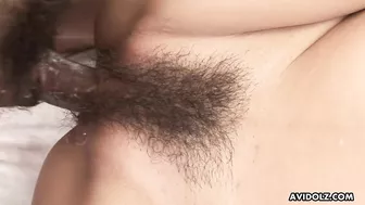 Caring lover stimulates bushy cunt of Keiko Morikawa with vibrators and his dick