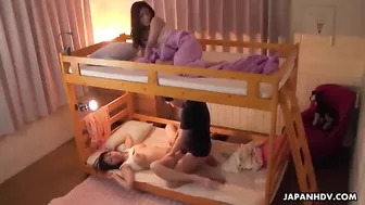 Teen watches how Japanese couple makes love from the top of bunk bed and masturbates her wet sissy