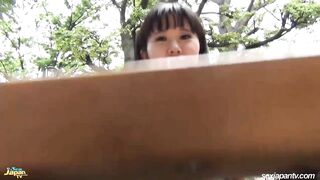 Amateur flashing of Japanese female pulling white panties aside and showing hairy snatch off in street