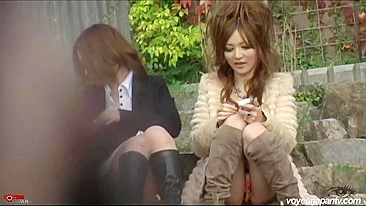 Creepy voyeur secretly peeps on three Japanese teens in short skirts that give him view of their panties