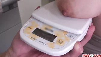 Man weights Japanese's natural boobs then treats girl with cock and vibrator