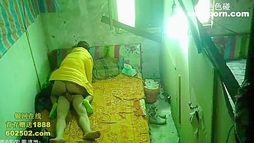 Hidden cam in Chinese secret, dirty and cold brothel films prostitute and poor client