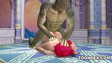 Ugly orc fucks Asian elf with bright pink hair in 3D cartoon