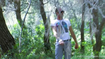 Sad boy meets arrogant brunette in the forest and screws her in a rude way