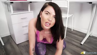 Brunette chick Beth Spiby with nose and lower lip piercing mops the floor turning cameraguy on