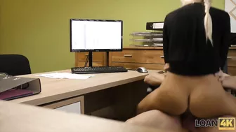 Concupiscent blonde Karol Lilien has sex with lustful agent right in his workplace to earn her loan