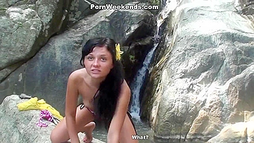 Black dude with camera asks girlfriend to suck his huge boner at the waterfall on the picturesque island