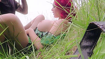 Fake cop meets red-haired ladylove  in public park and fucks her in meadow because she loves men in uniform