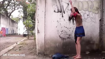 British cutie changes clothes and touches small pussy by dirty wall near public road British cutie changes clothes and touches small pussy by dirty wall near public road