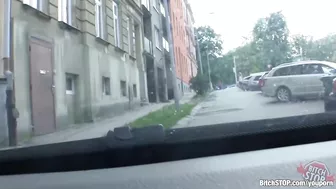 Strange blonde asks driver for help but actually she wants to fuck on dirty porch