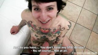 Czech slut with short hair exposes tattooed body for casting agent and sucks his dick