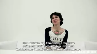 Czech slut with short hair exposes tattooed body for casting agent and sucks his dick