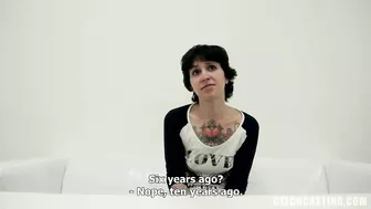 Czech slut with short hair exposes tattooed body for casting agent and sucks his dick