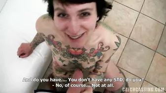 Czech slut with short hair exposes tattooed body for casting agent and sucks his dick