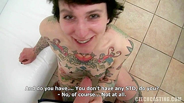 Czech slut with short hair exposes tattooed body for casting agent and sucks his dick