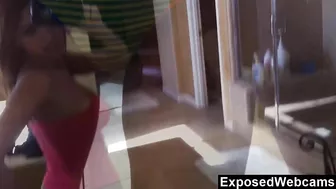 Latina babe with big naturals masturbates pussy sitting by door