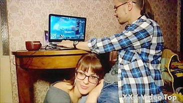 Gamer can't stop playing even when girlfriend sucks his cock