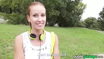 Pretty ginger is ready for threesome sex in local public park
