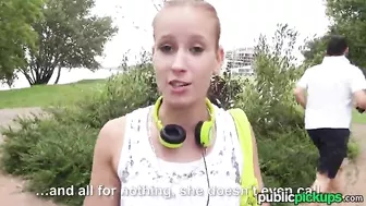 Pretty ginger is ready for threesome sex in local public park