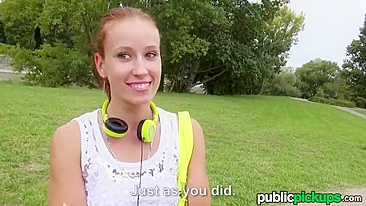 Pretty ginger is ready for threesome sex in local public park