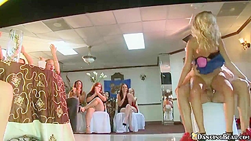 Stripper fucks blonde in blue dress at dancing bear party