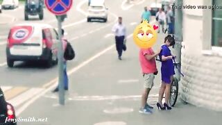 Funny flashing of nude American girl in Russian streets