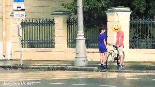 Funny flashing of nude American girl in Russian streets