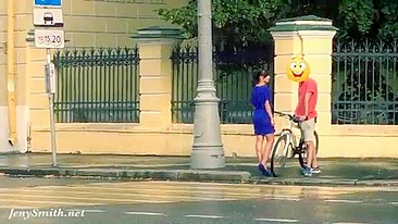 Funny flashing of nude American girl in Russian streets