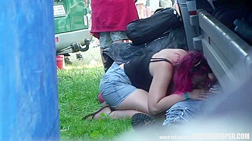 Czech redhead fucked under truck to the sounds of rock music