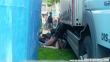 Czech redhead fucked under truck to the sounds of rock music