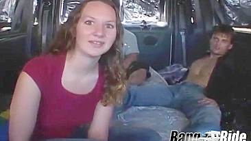 Curly-haired college girl pounded by badasses in moving bus