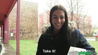 Beautiful brunette sucks and rides cock for good cash