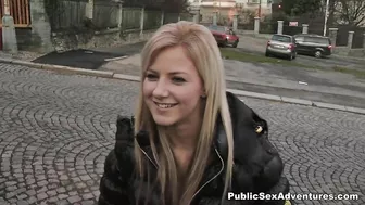 Blonde tourist in fishnets serves man's cock in restroom