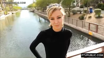 Model with long skinny legs flashes pussy on river bank Model with long skinny legs flashes pussy on river bank