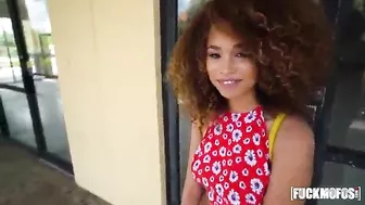 Curly black girl Cecilia Lion pushes panties aside to fuck for cash