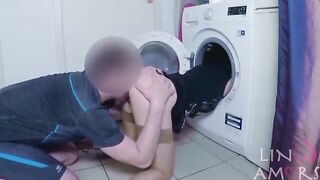 Lady in nylons can't get out of washer and gets nailed by stepson