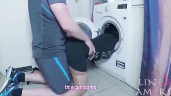 Lady in nylons can't get out of washer and gets nailed by stepson