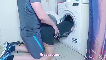 Lady in nylons can't get out of washer and gets nailed by stepson
