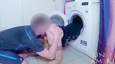 Lady in nylons can't get out of washer and gets nailed by stepson