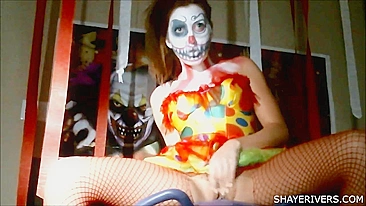 Young clown girl rides sex toy to funny music in homemade video