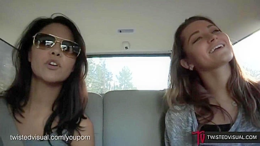 Two young babes didn't know each other but lick assholes in backseat