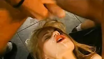 Great bukkake scene of girl getting tonnes of cum over face