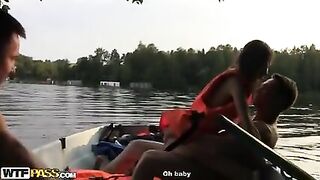 Two Russian guys swung boat fucking cute brunette together