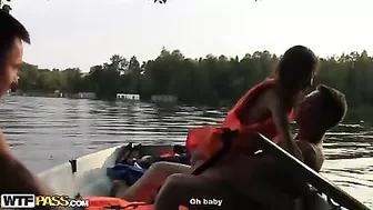 Two Russian guys swung boat fucking cute brunette together