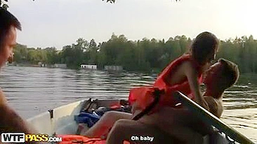 Two Russian guys swung boat fucking cute brunette together