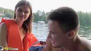 Two Russian guys swung boat fucking cute brunette together