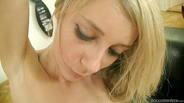 Blonde girl with small tits sucks it like a hungry whore