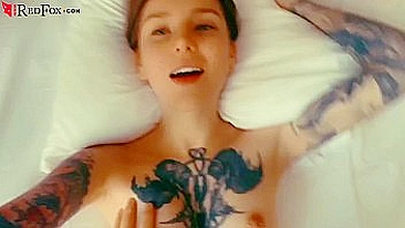 Tattooed porn model tastes XXX buddy's sperm after he cums on tummy